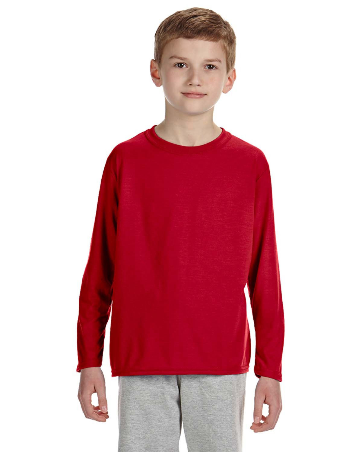 Gildan G424B Athletic Youth Performance Long Sleeve T-Shirt in Red size Small | Polyester G42400B, 42400B