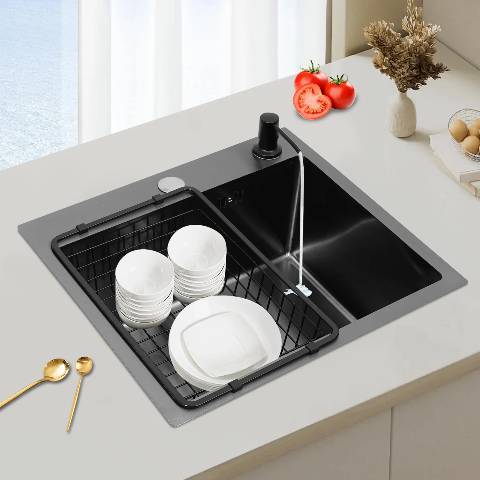 Évier de cuisine, évier en acier inoxydable, évier pour la cuisine domestique, Kit d'évier de cuisine avec ensemble de vidange, panier de vidange et distributeur de savon 34x23cm