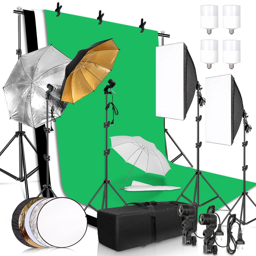 Fotografie-Beleuchtungsset, 2,6 x 3 m, Fotohintergrund, Musselin-Hintergründe, Softbox, Regenschirm, Reflektor und Lichtstativ für Fotostudio