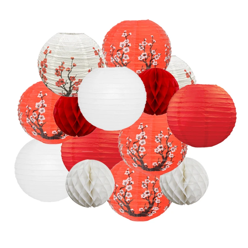 14-teiliges rundes Papierlaternen-Wabenball-Set im chinesischen Stil, rundes Papierlaternen-Set im chinesischen Stil in Rot und Weiß, rotes und weißes Wabenball-Set, geeignet für Winter, Neujahr, Image