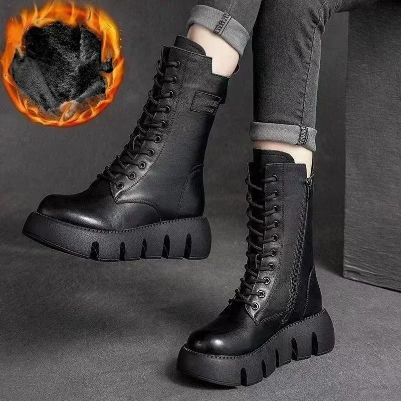 Winter-Leder-Damenstiefel 2025, kurze Plüsch-Schneestiefel mit mittlerem Absatz, Schnürung, warme Damen-Plattform, Biker-Stiefeletten für Damenschuhe