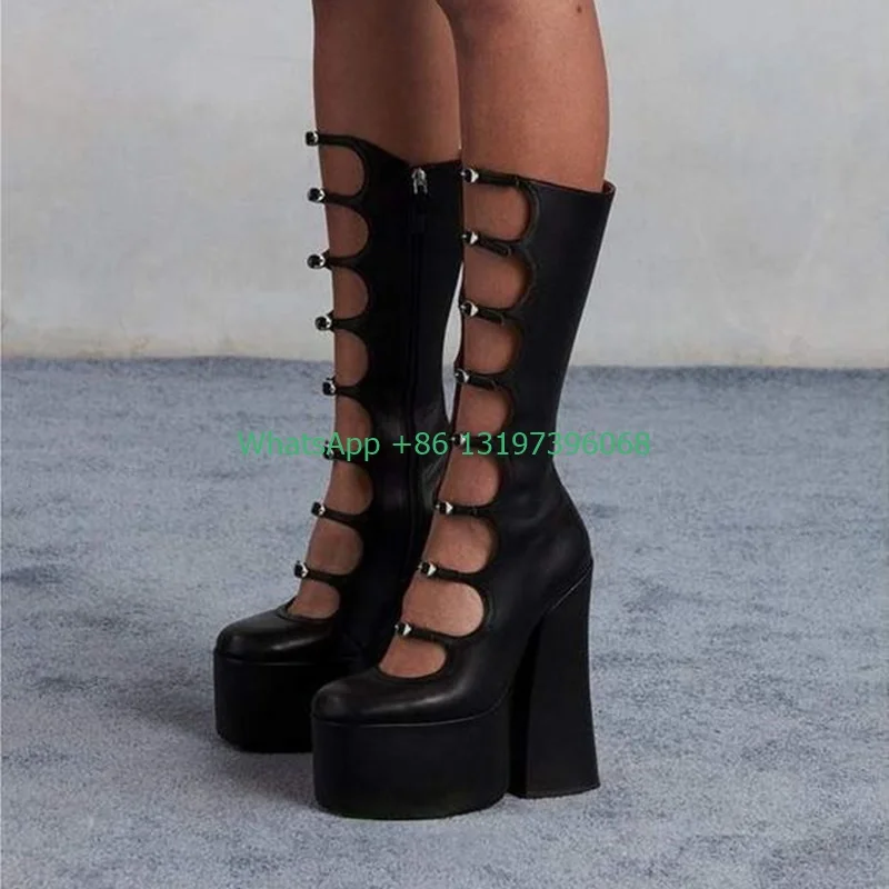 Dicke Sohle, schwarze hohle Wadenstiefel, seitlicher Reißverschluss, grober quadratischer Absatz, Pole-Dance-Schuhe, Super-Absatz, sexy Stiefel, große Schuhe
