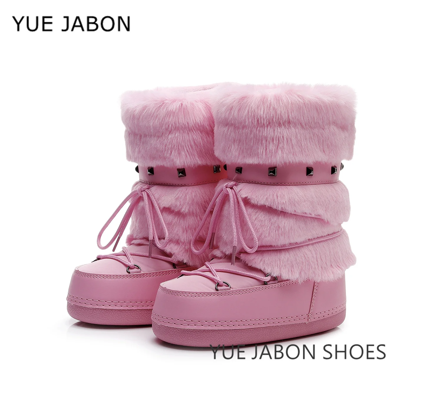 Rosa Pelzstiefel für Damen, Nieten, warm, Skifahren, Winterschuhe, Damen, Weltraumstiefel, trendige Damen-Winterschuhe, rutschfeste Mädchen-Schneestiefel
