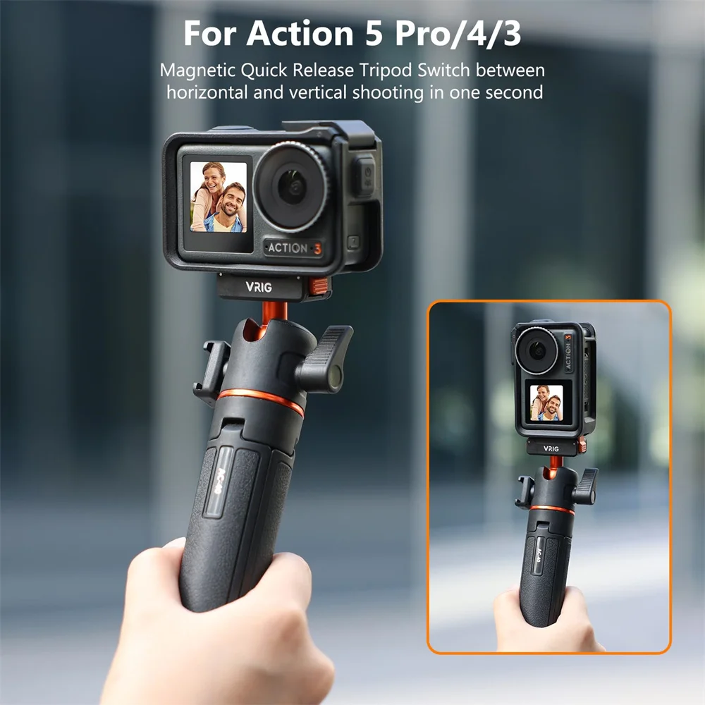 VRIG Mini Selfie Stick Treppiede per DJI Action 5/4/3, Asta di Estensione Magnetica per Treppiede Fotocamera con Cold Shoe per DJI OSMO 360