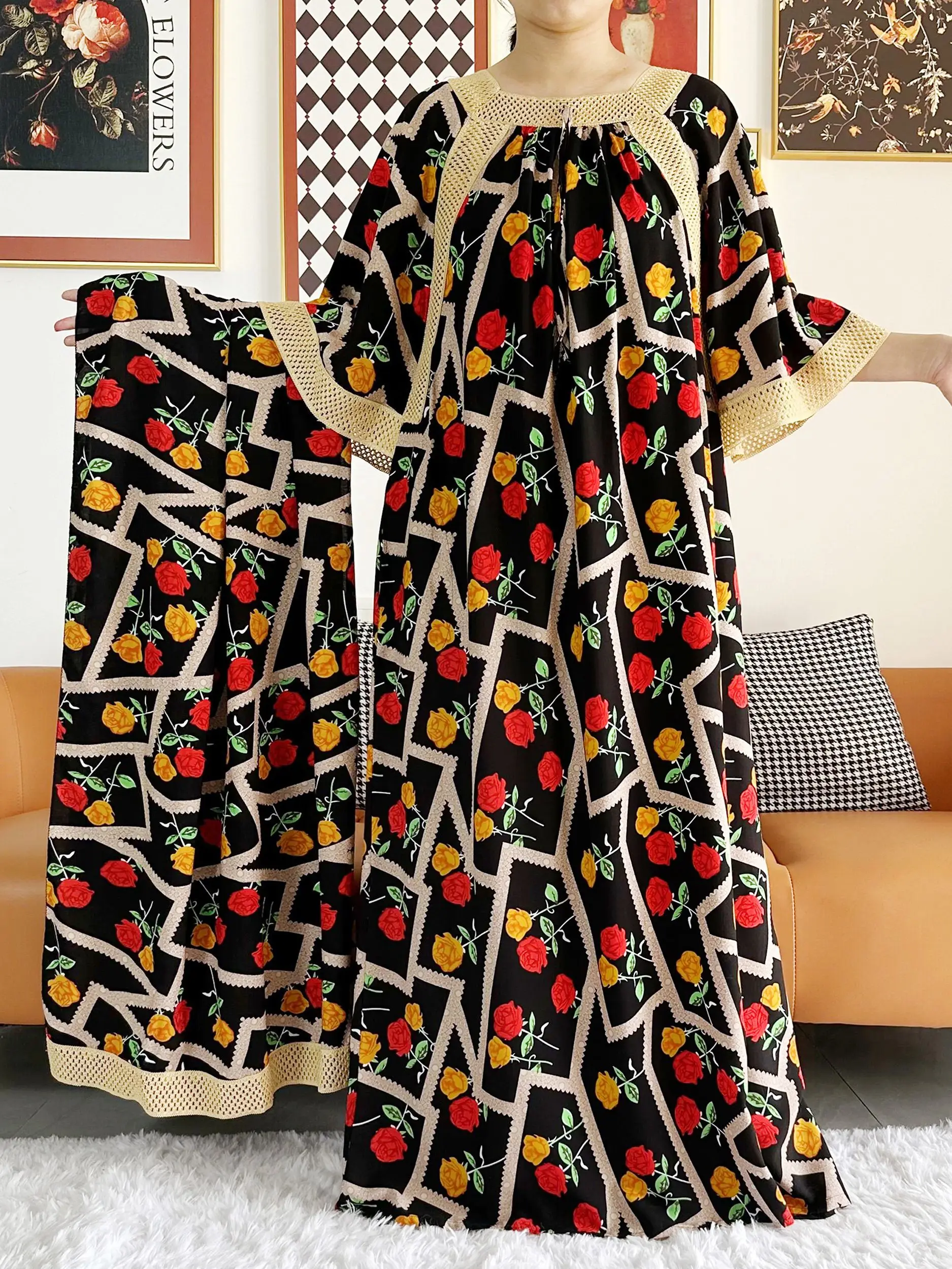 2023 hochwertige benutzer definierte Frauen Party kleid großen Schal Baumwolle Rose gedruckt lose Blumen Boubou Maxi Islam Frauen Kurzarm Abaya Image