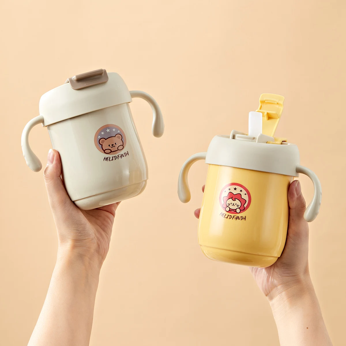 WORTHBUY 360 ml Kinder-Thermosbecher mit Strohhalm, Trinkbecher aus Edelstahl 316, tragbar, auslaufsicher, doppelwandige isolierte Wasserflasche Image