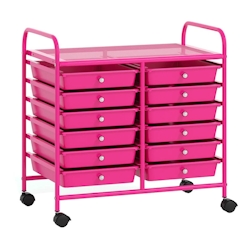 COSTWAY Rollwagen mit 12 stapelbaren Schubladen, Rollcontainer mit Metallrahmen und Ablage, 64 x 38 x 62 cm (Pink) Image