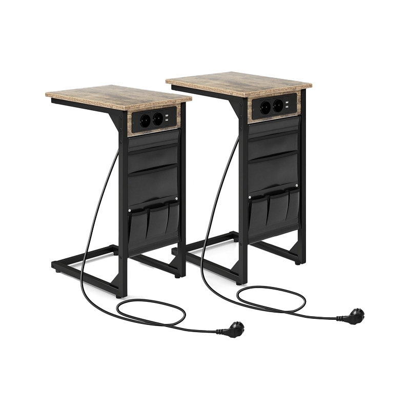 COSTWAY Beistelltisch mit Ladestation, 2er-Set Sofatisch C-förmiger Nachttisch, 40 x 30 x 60 cm, Vintage Image