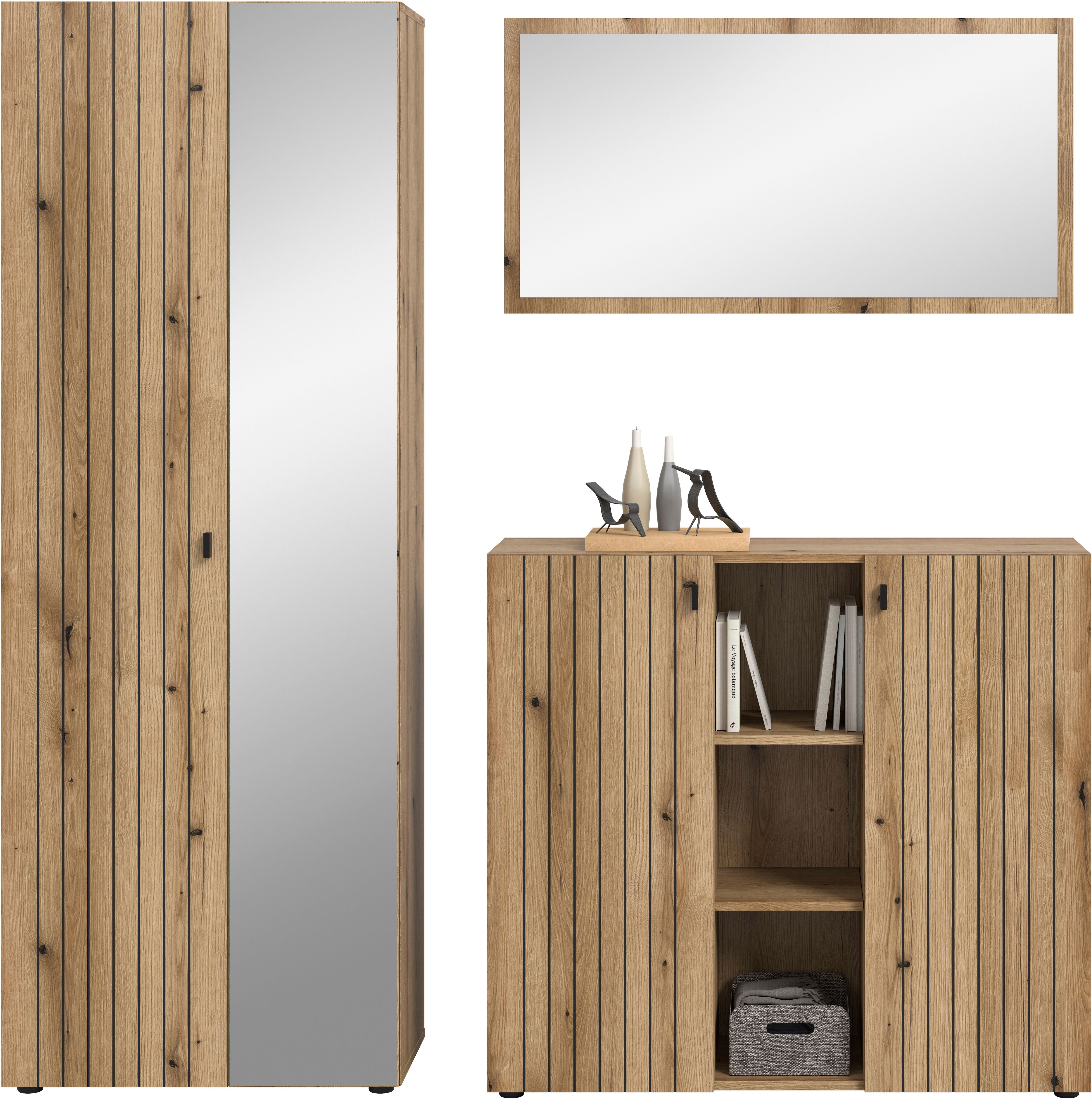 Garderoben-Set INOSIGN "TATIO, 3-tlg. Garderobenkombination, Breite: 191 cm, Rillenfräsung", evoke oak nachbildung, B:191cm H:192cm T:37cm, Holzwerkstoff, Kastenmöbel-Sets, Garderobenkombination, Kombi, Flur-Möbel, Schrank, Spiegel, Kommode