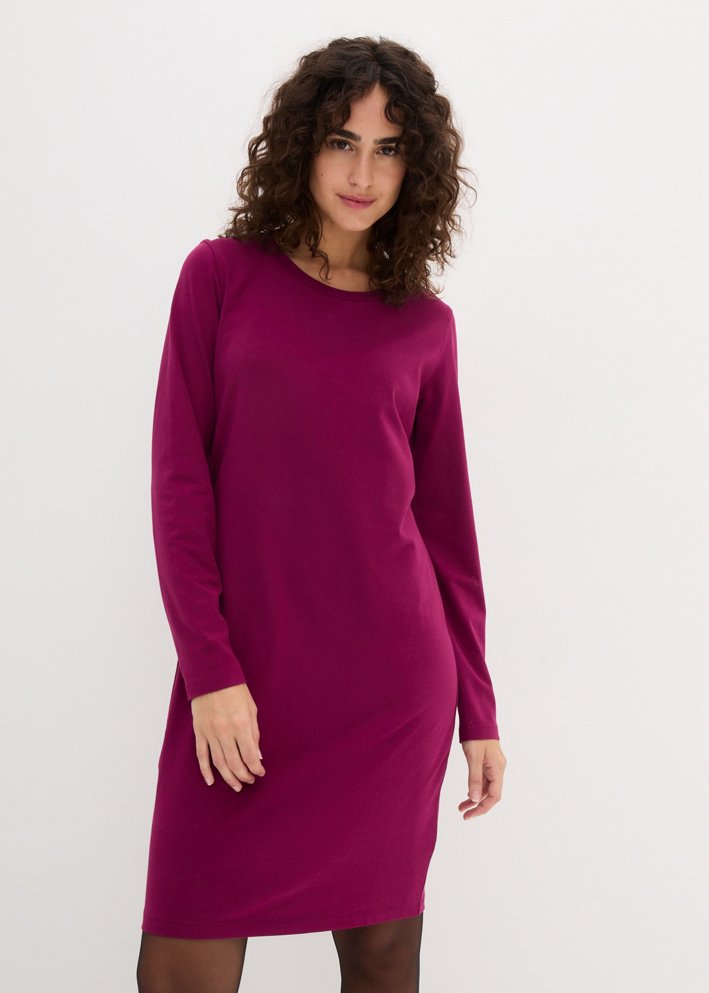 Jerseykleid BONPRIX "Figurbetontes Jerseykleid (2er Pack)", Damen, Gr. 44/46 (L), N-Gr, lila (beere, schwarz), Jersey, Obermaterial: 95% Baumwolle, 5% Elasthan, unifarben, slim fit kniefrei, Rundhals, gerader Abschluss, Kleider Jerseykleid,...