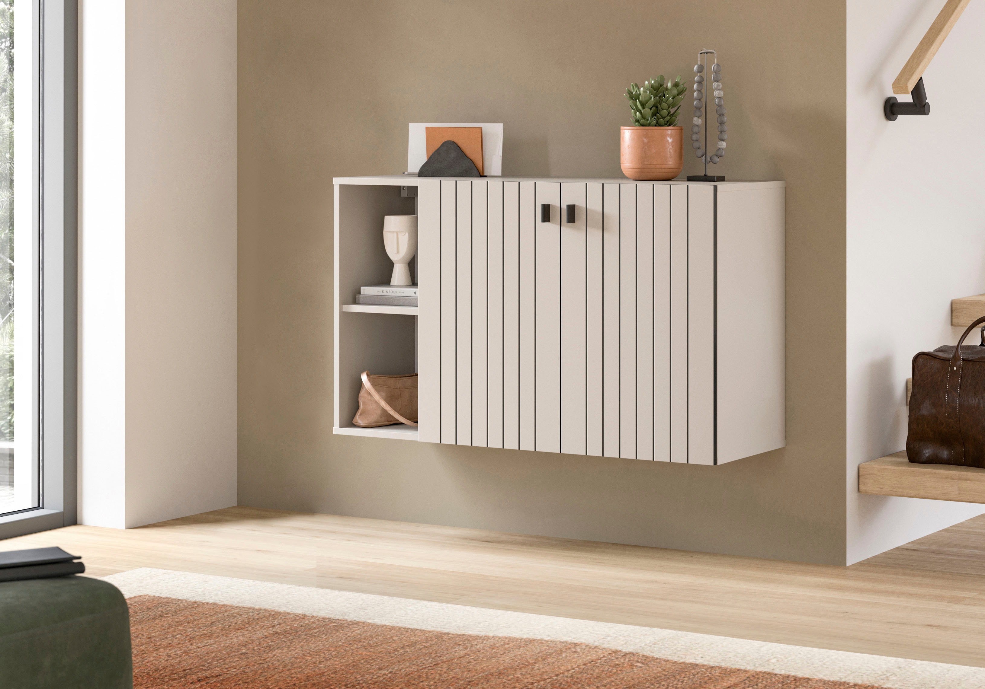 Schuhschrank INOSIGN "TATIO, Breite 106 cm, hängend, Rillenopik, offene Fächer", kashmir nachbildung, B:106cm H:63cm T:37cm, FSC-zertifizierter Holzwerkstoff, Schränke, Schuhschrank