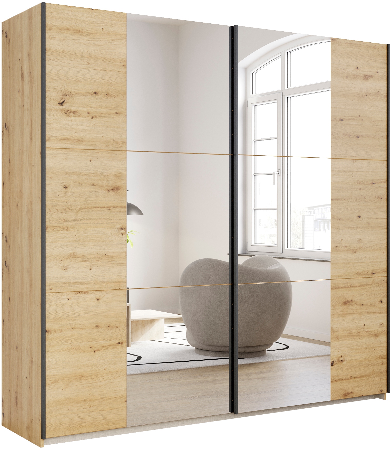 Schwebetürenschrank RAUCH "Kleiderschrank Drehtürenschrank Schrank Garderobe KRONACH TOPSELLER", braun (eiche artisan, griffleisten grau, 2 spiegel), B:218cm H:210cm T:59cm, Holzwerkstoff, Schränke, Schwebetürenschrank, mit Spiegel und viel...