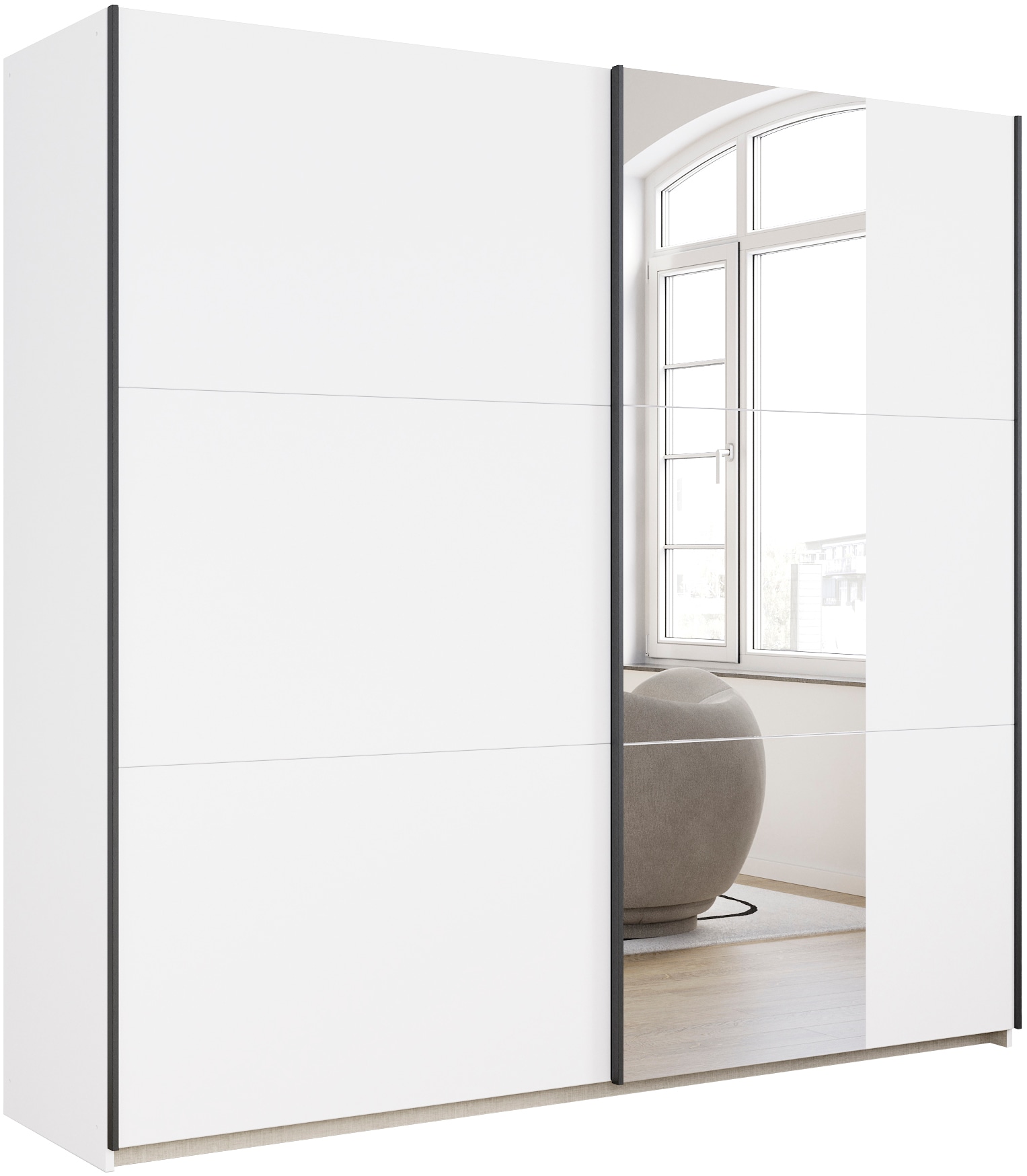 Schwebetürenschrank RAUCH "Kleiderschrank Drehtürenschrank Schrank Garderobe KRONACH TOPSELLER", weiß (alpinweiß, griffleisten grau, 1 spiegel), B:218cm H:210cm T:59cm, Holzwerkstoff, Schränke, Schwebetürenschrank, mit Spiegel und viel Stauraum,...