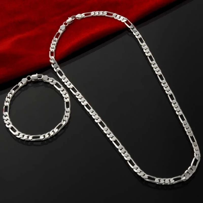 Silver 4mm Chain Necklace And Bracelet Set 29.53 In