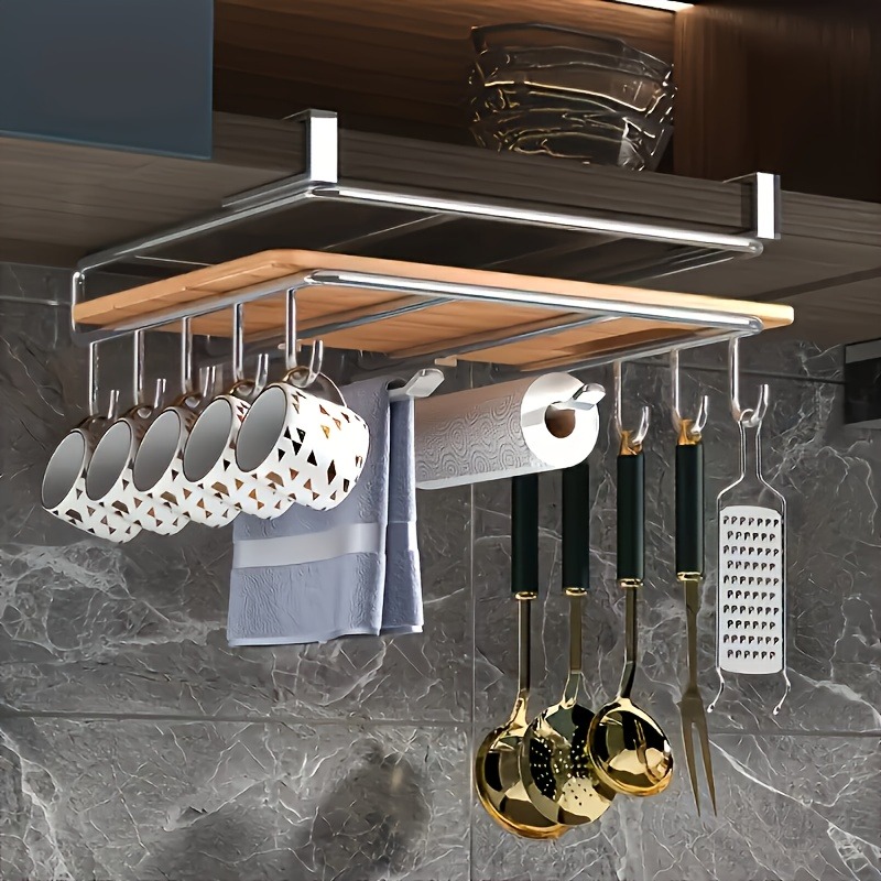 Stainless Steel Hanging Kitchen Storage Rack With Hooks, Paper Towel, And Utensils Holder, Cutting Board Shelf Stainless Steel Hanging Kitchen Storage Rack With Hooks, Paper Towel, And Utensils Holder, Cutting Board Shelf