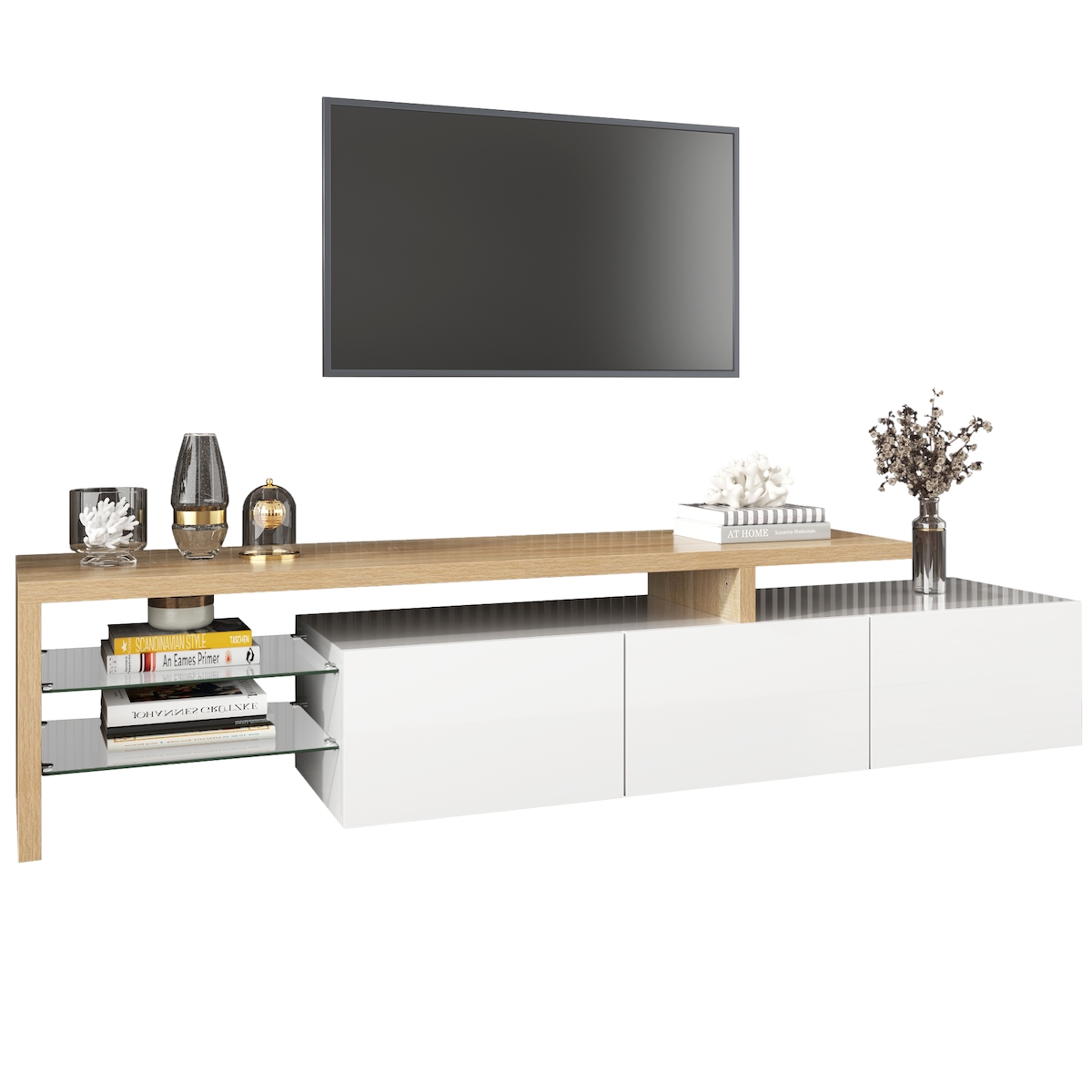 OKWISH TV-Schrank 197x39x42 cm in Hochglanzweiß und Holzoptik mit Glasböden und LED-Beleuchtung – Moderner TV-Ständer für stilvolle Aufbewahrung