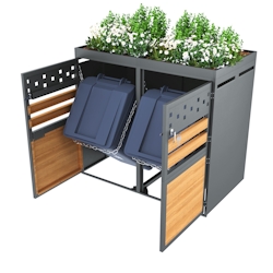 OKWISH Mülltonnenbox Set 2er mit Pflanzdach 120-240 Liter in Anthrazit Holzoptik-Türen 81x155x110 cm für wetterbeständige und funktionale Aufbewahrung Image