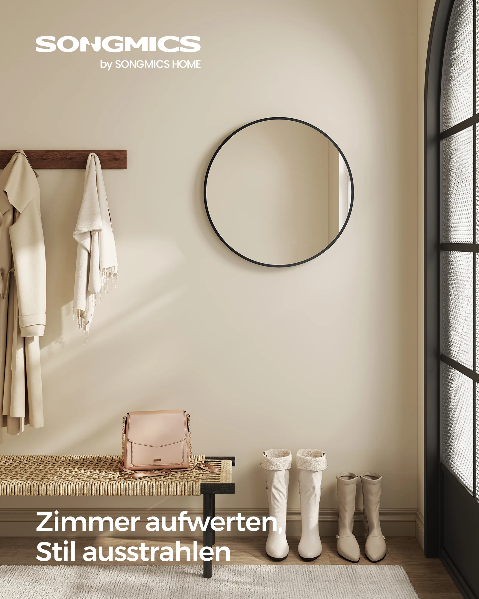SONGMICS Wandspiegel, Spiegel rund, Ø 50 cm Badezimmerspiegel, Metallrahmen, einfache Montage, modern, für Bad, Wohnzimmer