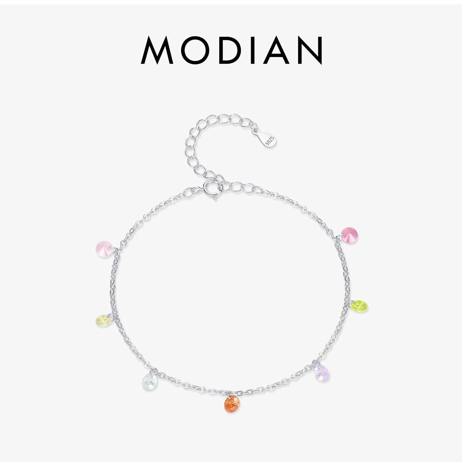 MODIAN Bracciale con zirconi colorati arcobaleno Bracciale in argento sterling 925 con catena a maglie delicata per gioielli da donna e ragazza