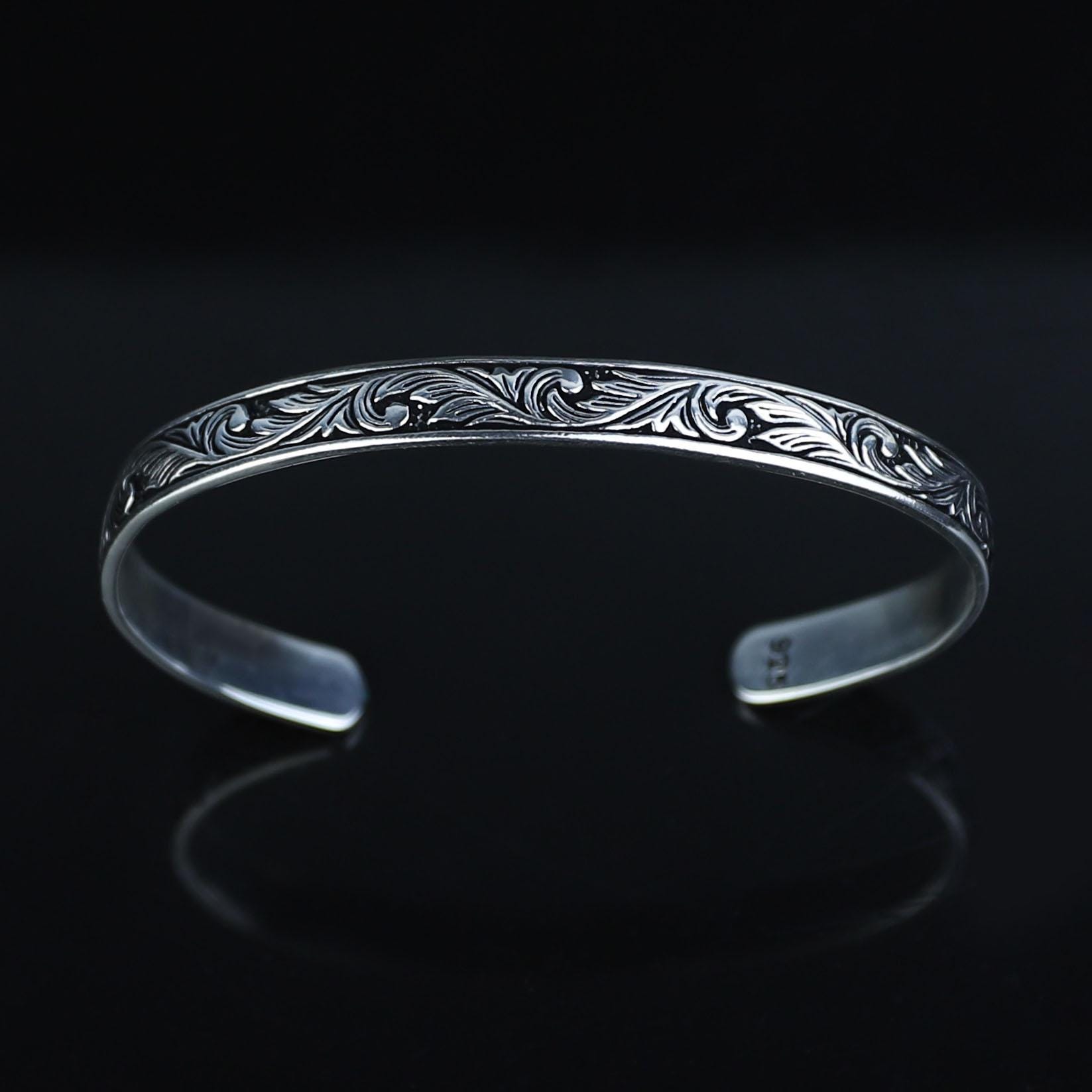 Bracciale rigido da uomo in argento, bracciale rigido inciso in argento, bracciale rigido vintage regolabile, bracciale rigido unisex in argento 925,
