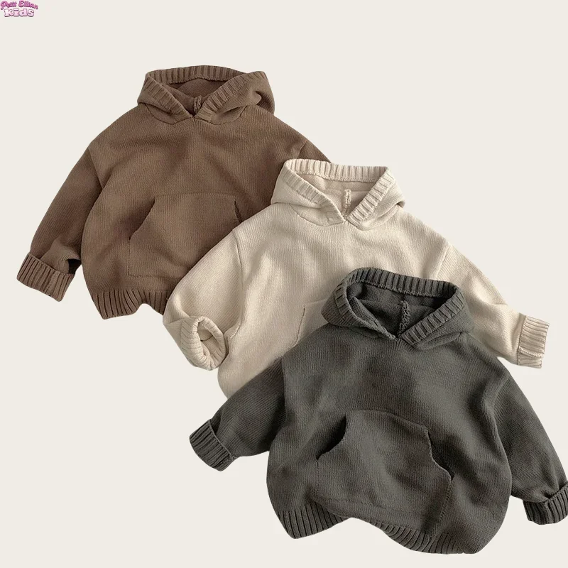 Frühling Kinder Kapuzen-Strickpullover 1-6 Jahre Mädchen Jungen Baumwolle Einfarbig Vintage Oberteile 2026 Kinder Taschen-Pullover Outdoor-Bekleidung Image