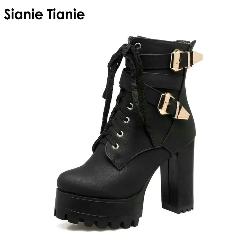 Sianie Tianie dame plattform dicken block high heels frau schuhe lace up buckle strap frauen stiefeletten plus größe 33-48 45 46 47