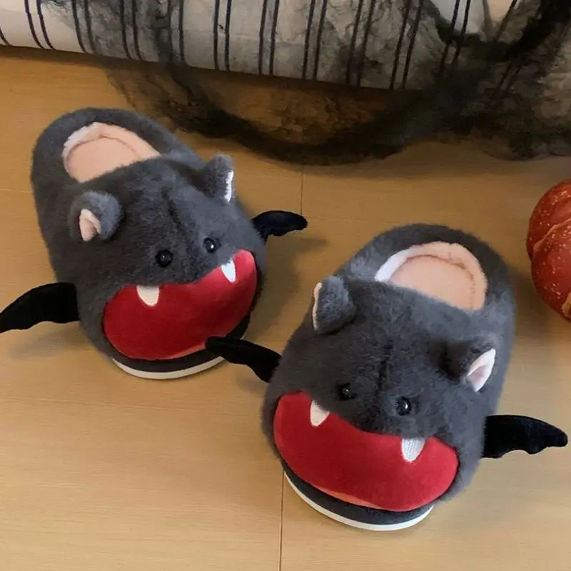 Neue mürrische Fledermaus-Hausschuhe, flauschige Winterschuhe für Damen, warme pelzige Pantoletten, Heim-Slipper, Damenmarke, Tierzimmer-Schuhe, Geschenk-Hausschuhe