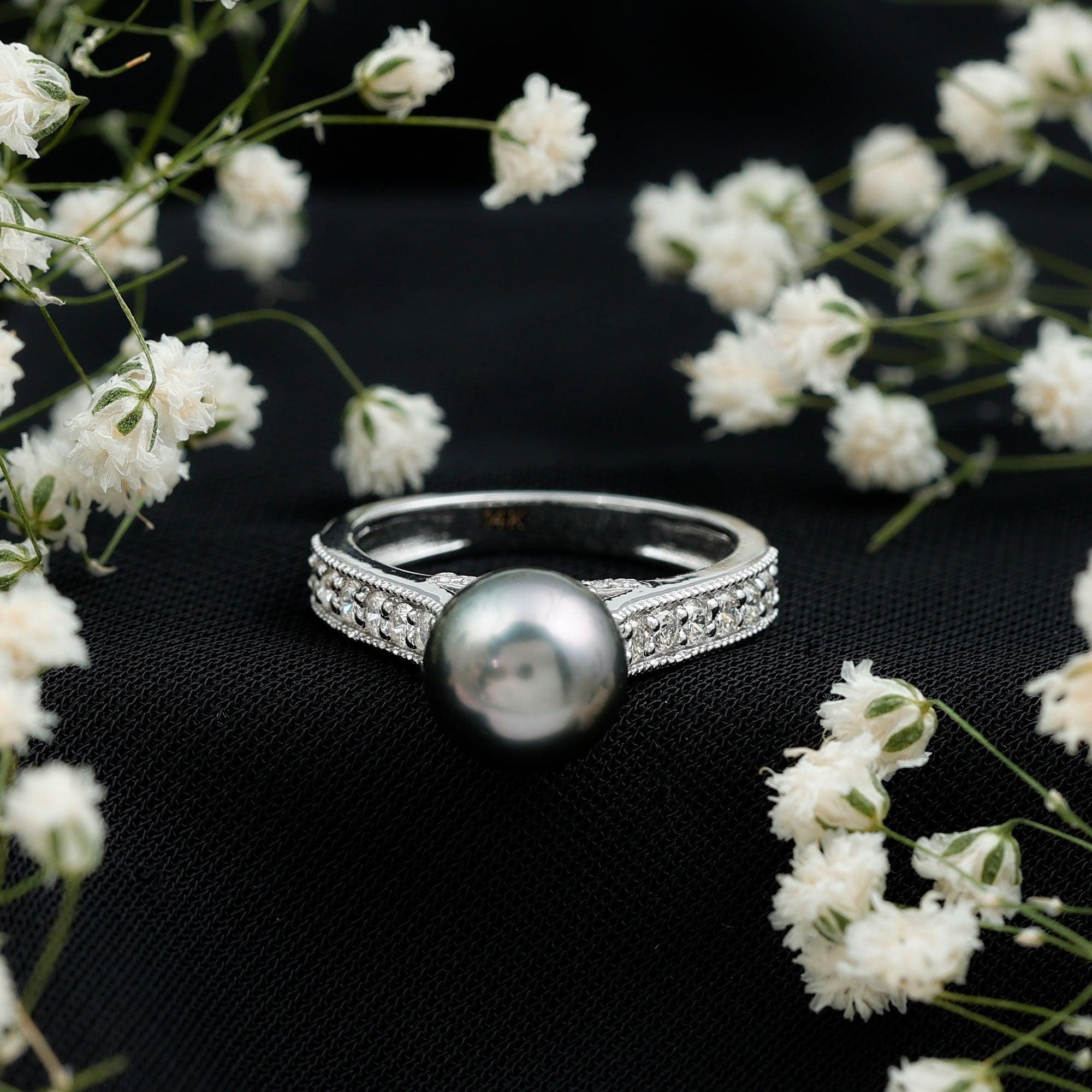Anello solitario con perla di Tahiti rotonda, anello nuziale con perla nera naturale, anello di promessa con moissanite impilabile, anello fatto a man
