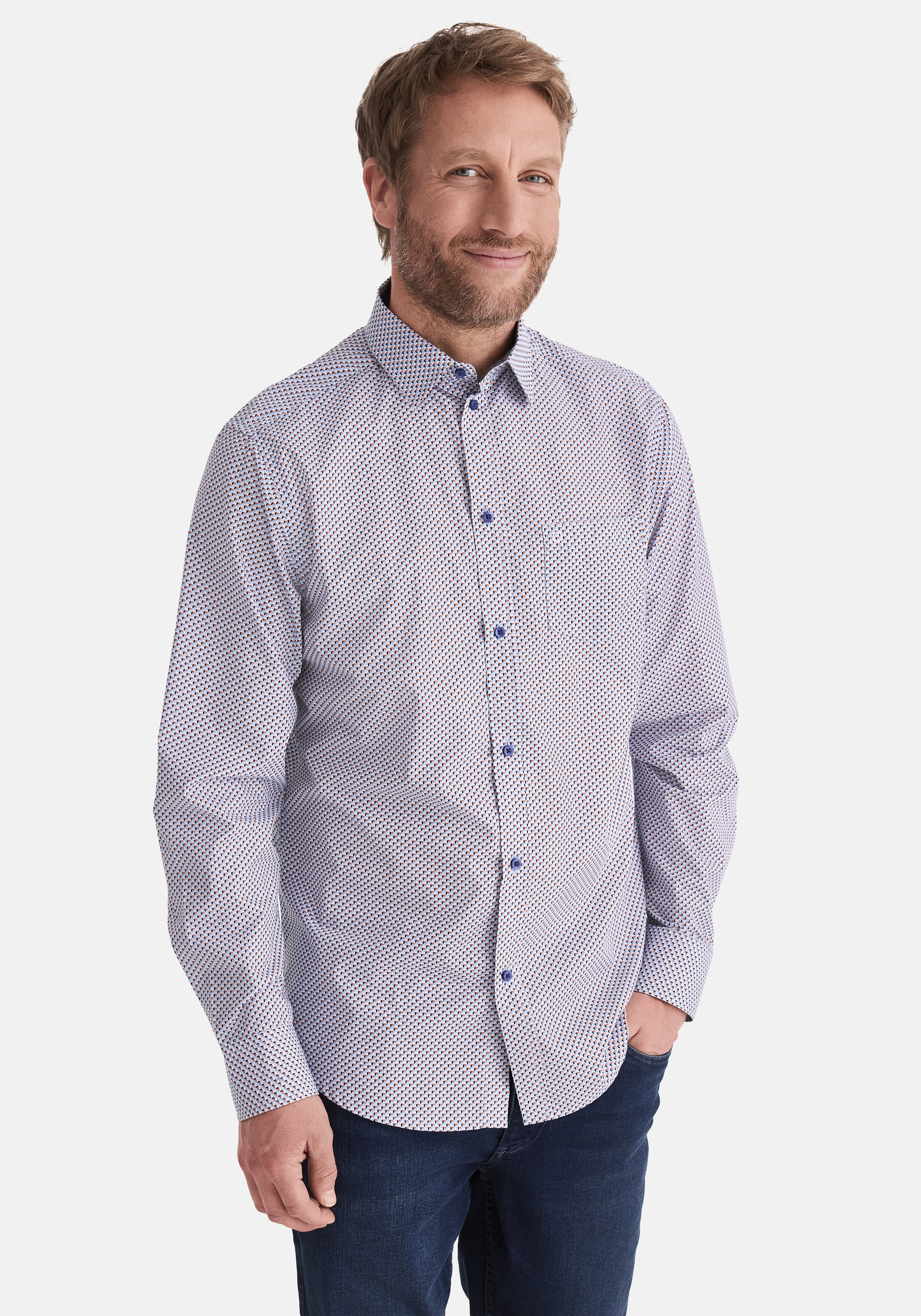 Langarmhemd STOOKER MEN "HUGH Hemd Langarm Regular Fit", Herren, Gr. M, US-Größen, blau geometric, Stoff, 60% Baumwolle, 40% Polyester, regular fit, Hemden, Langarm Hemd Regular Fit für Herren