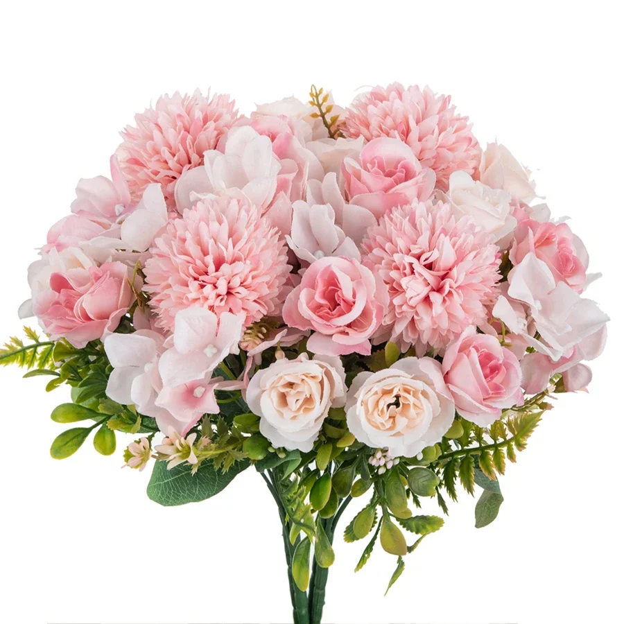 Rose Künstliche Blumen Chrysantheme Bouquet Seide Hochzeit Outdoor Garten Tisch Dekor Hause Geschenk Zubehör Pompom Kugeln Girlande Image