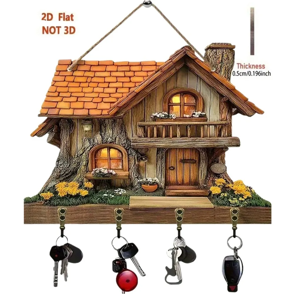 2D-Baumhaus-Schlüsselrahmen aus Holz mit vier Metallhaken, geeignet für Zuhause, Zimmer, Wand, Veranda, Urlaub und saisonale Dekoration als Geschenk Image