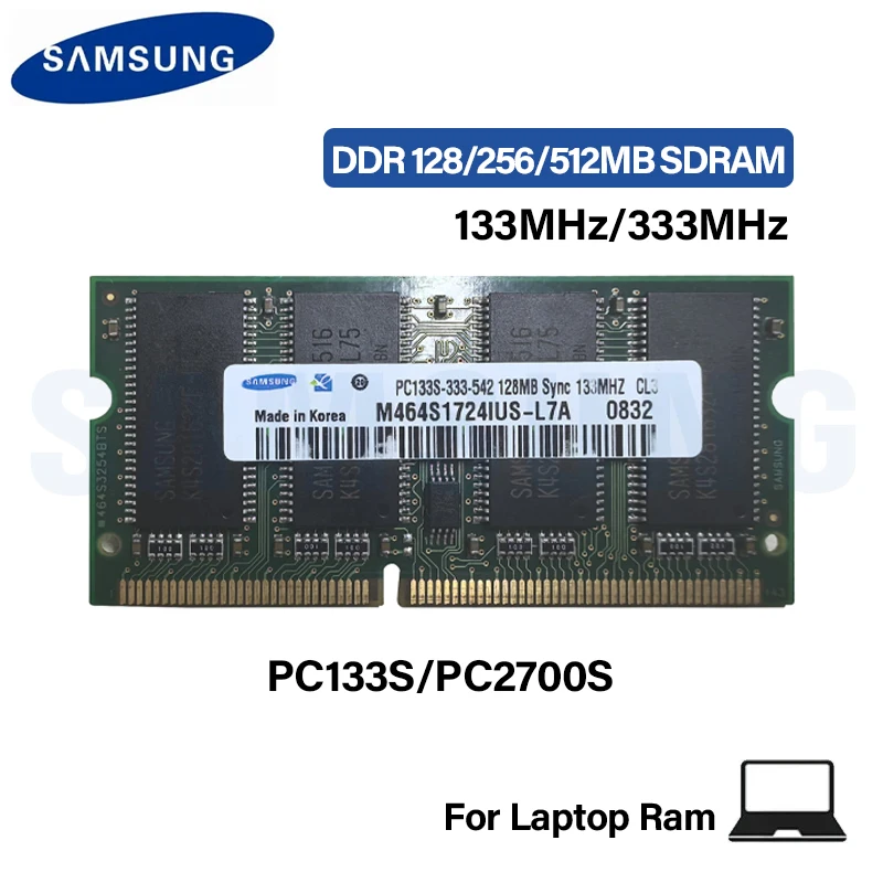 Samsung Laptop SDRAM DDR 128 MB 256 MB 512 MB 133 MHz 333 MHz PC133S PC2700S Nicht-ECC ungepuffert 3,3 V 144-Pin Notebook-Speicher Image