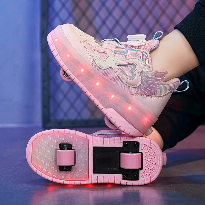 Kinder Doppelrad Rollschuhe Rotierende Schnalle Atmungsaktive Stoff Student Sportschuhe Aufladen LED Leuchten Spaziergang Schuhe Image