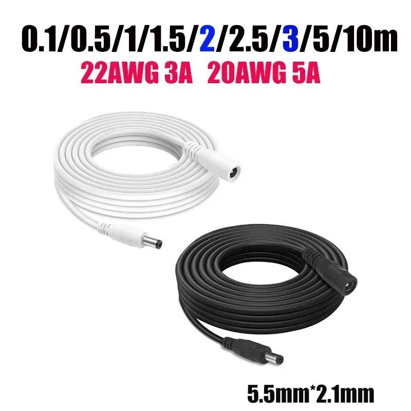 DC-Verlängerungskabel, 0,5/1/2/3/5/10 m, 5,5 mm, 2,1 mm, 5 V, 12 V, 3 A, 5 A, weiblich, männlich, Klinkenstecker, Stromkabel für LED-Streifen, Netzteil, CCTV-Kamera Image