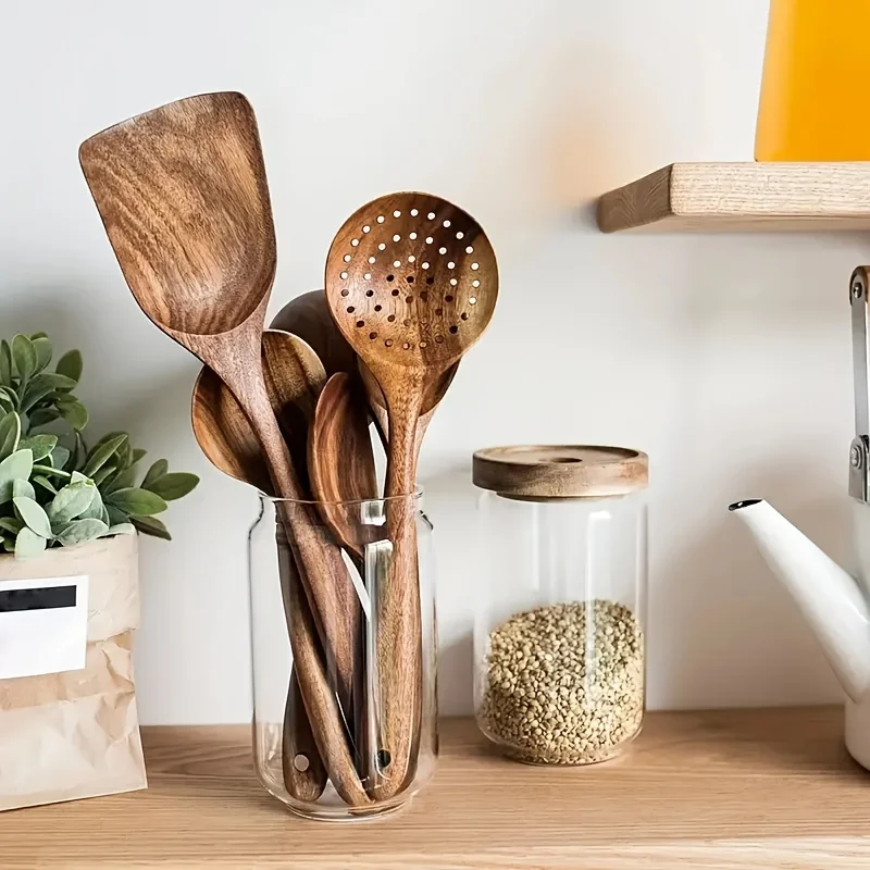 Ensemble d'ustensiles de cuisine en bois de teck naturel, cuillères, spatules, louches, ustensiles de cuisine antiadhésifs, outils de cuisine sûrs pour la cuisine domestique 5 pièces