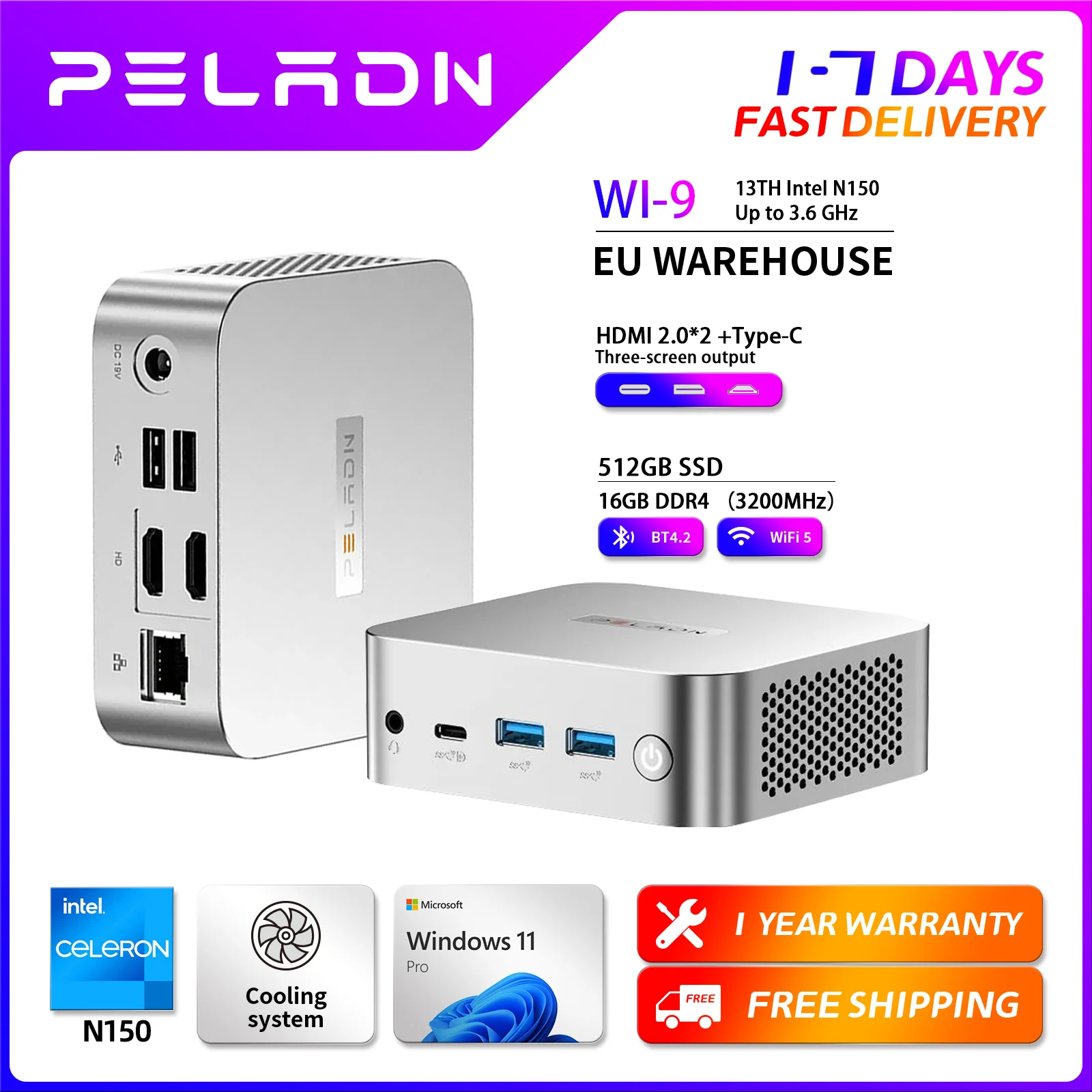 2025 New PELADN WI-9 Mini PC (Ultra-Compact Size) Twin Lake N150 Mini Computer 16GB DDR4 512GB Dual SSD Type-C Dual HDMI RJ45 LAN WiFi5 Bluetooth 4.2 4K Triple Display Portable PC Windows 11