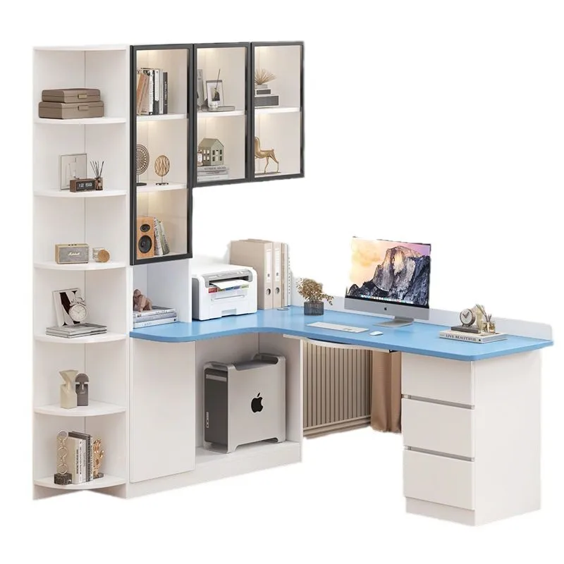 Eckcomputertisch aus massivem Holz, Schreibtisch-Bücherregal-Kombination, integrierter Schreibtischschrank