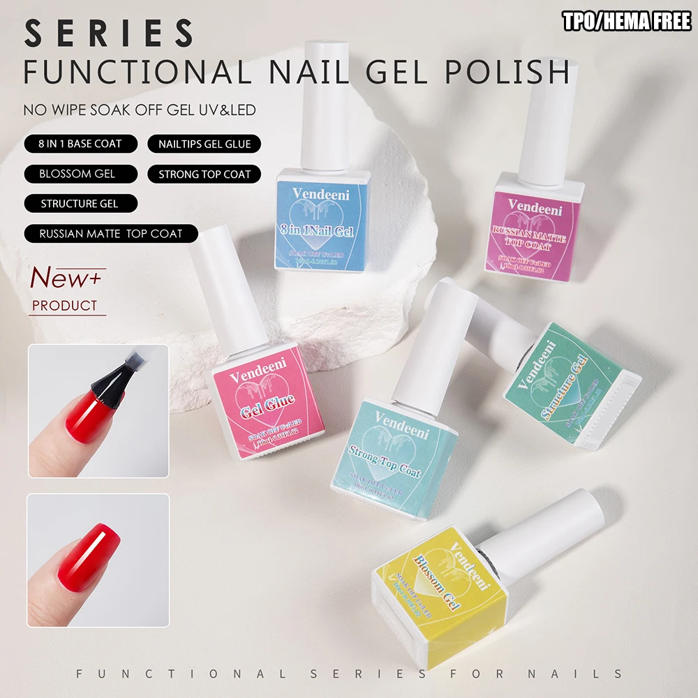 Vendeeni 6 Arten UV-funktionaler Gel-Nagellack, 8-in-1-Grundlack, russischer, mattierter Decklack, Nagelspitzen, Gelstruktur, Gelblüten-Gel Image