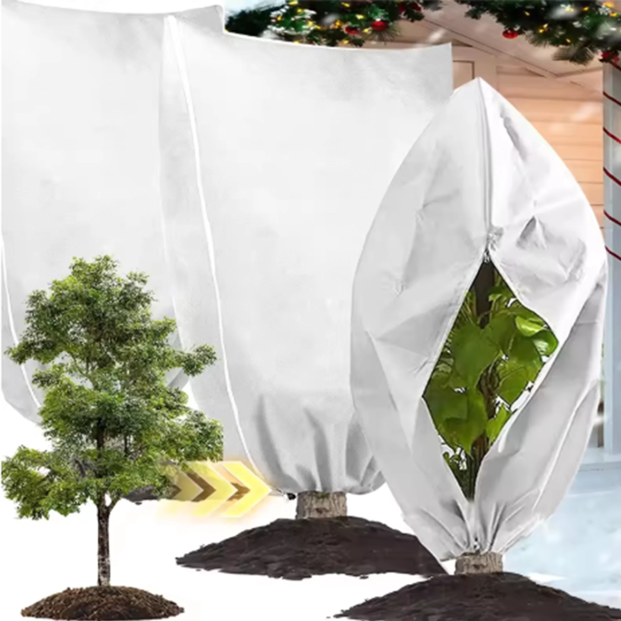 Verdickte Pflanzenfrostschutzabdeckung, mit Kordelzug und Reißverschluss, nicht gewebte weiße Winterpflanzen-Kaltfrostschutzabdeckung Image