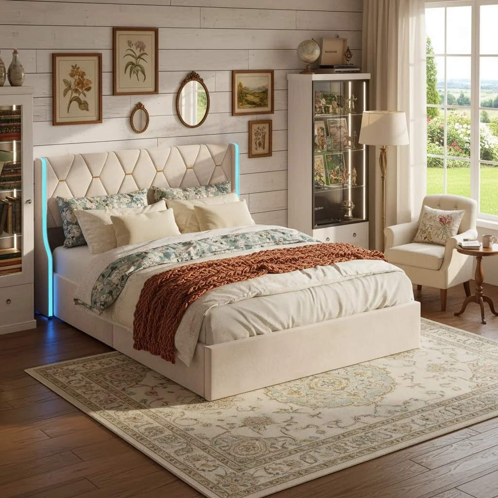 Gepolstertes Doppelbett 160 x 200 cm, hydraulisches Bett, Bett mit Stauraum und Lattenrost, Stauraumbett mit Bettkasten, Beige Image