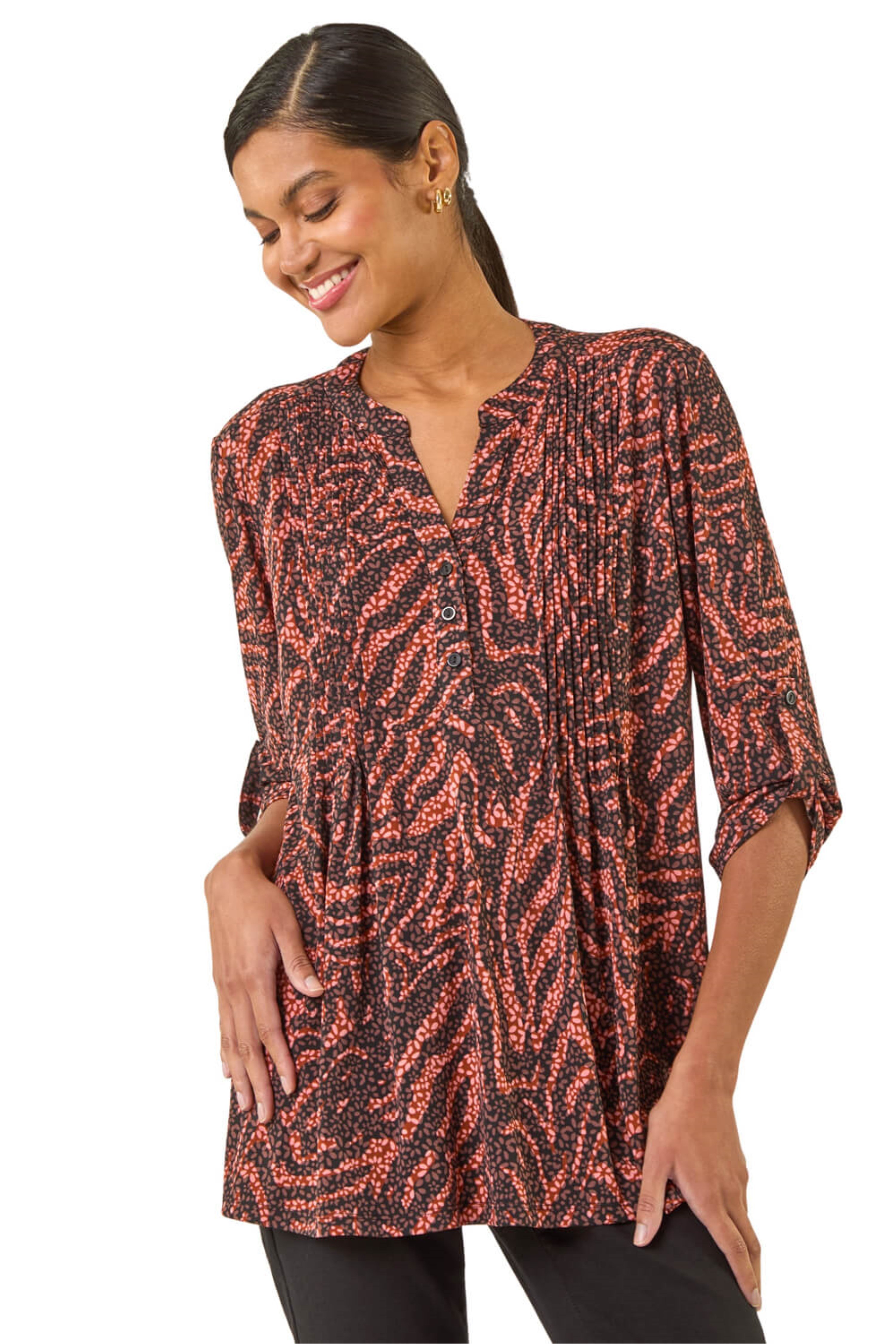 Roman Womens Animal Print Pintuck Stretch Shirt - Rust - Size 20 UK | Roman Sale | Discount Designer Brands