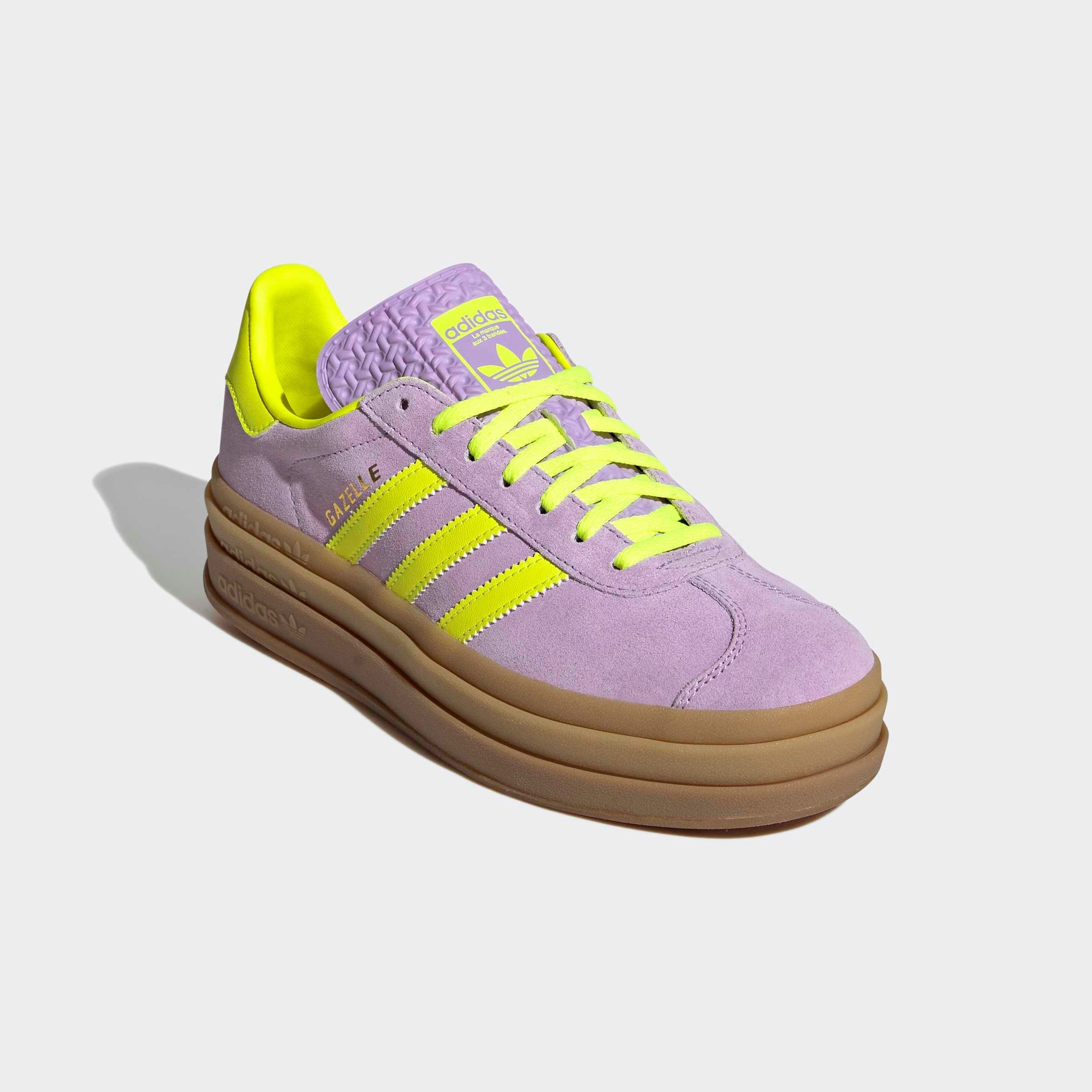 Sneaker ADIDAS ORIGINALS "GAZELLE BOLD", Damen, Gr. 43, powder plum, solar gelb, gold metallic, Leder, Synthetik, Schuhe Sneaker