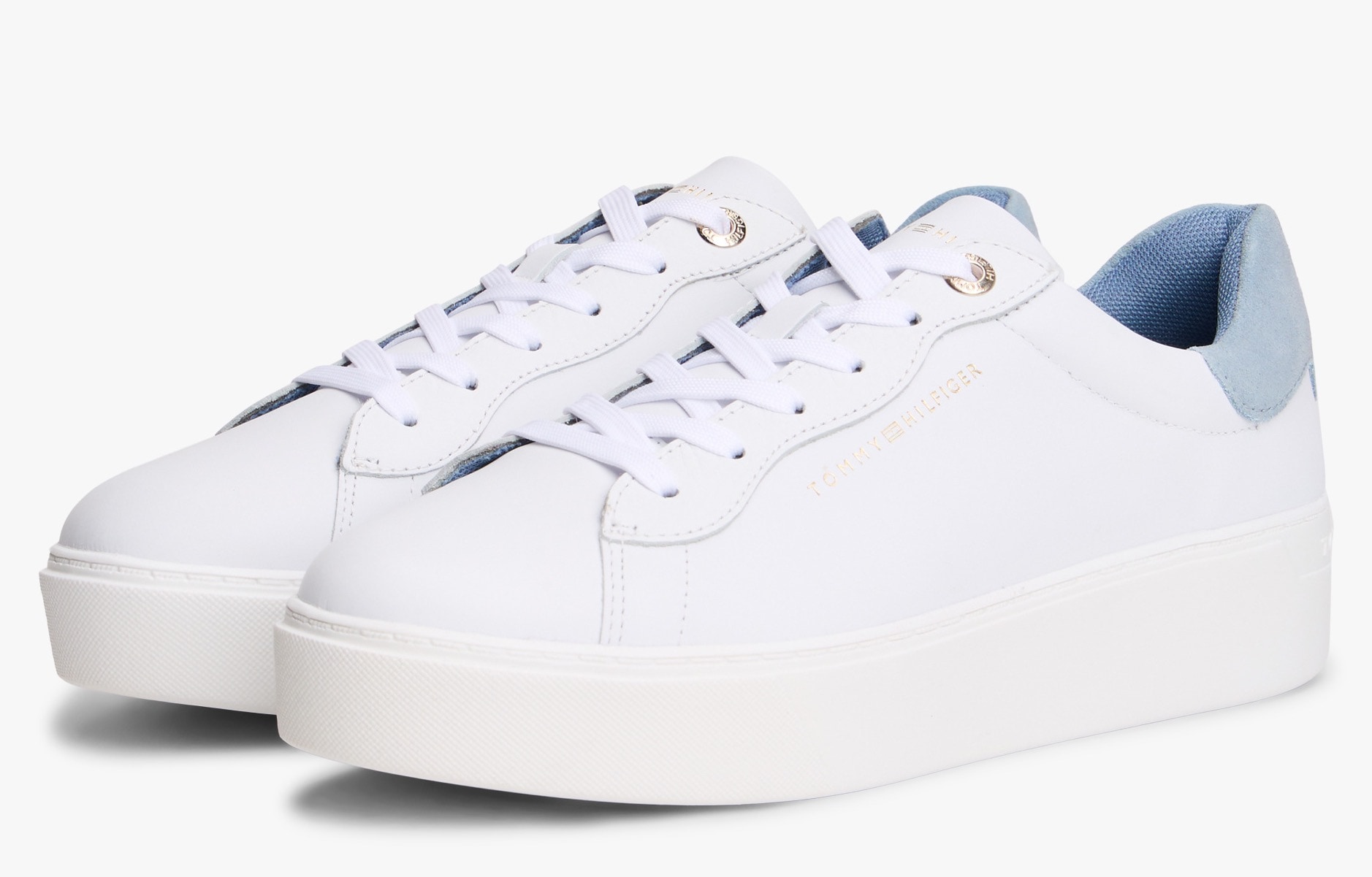 Plateausneaker TOMMY HILFIGER "CHIC PLATFORM CUPSOLE SNEAKER", Damen, Gr. 41, weiß, hellblau, Leder, Schuhe