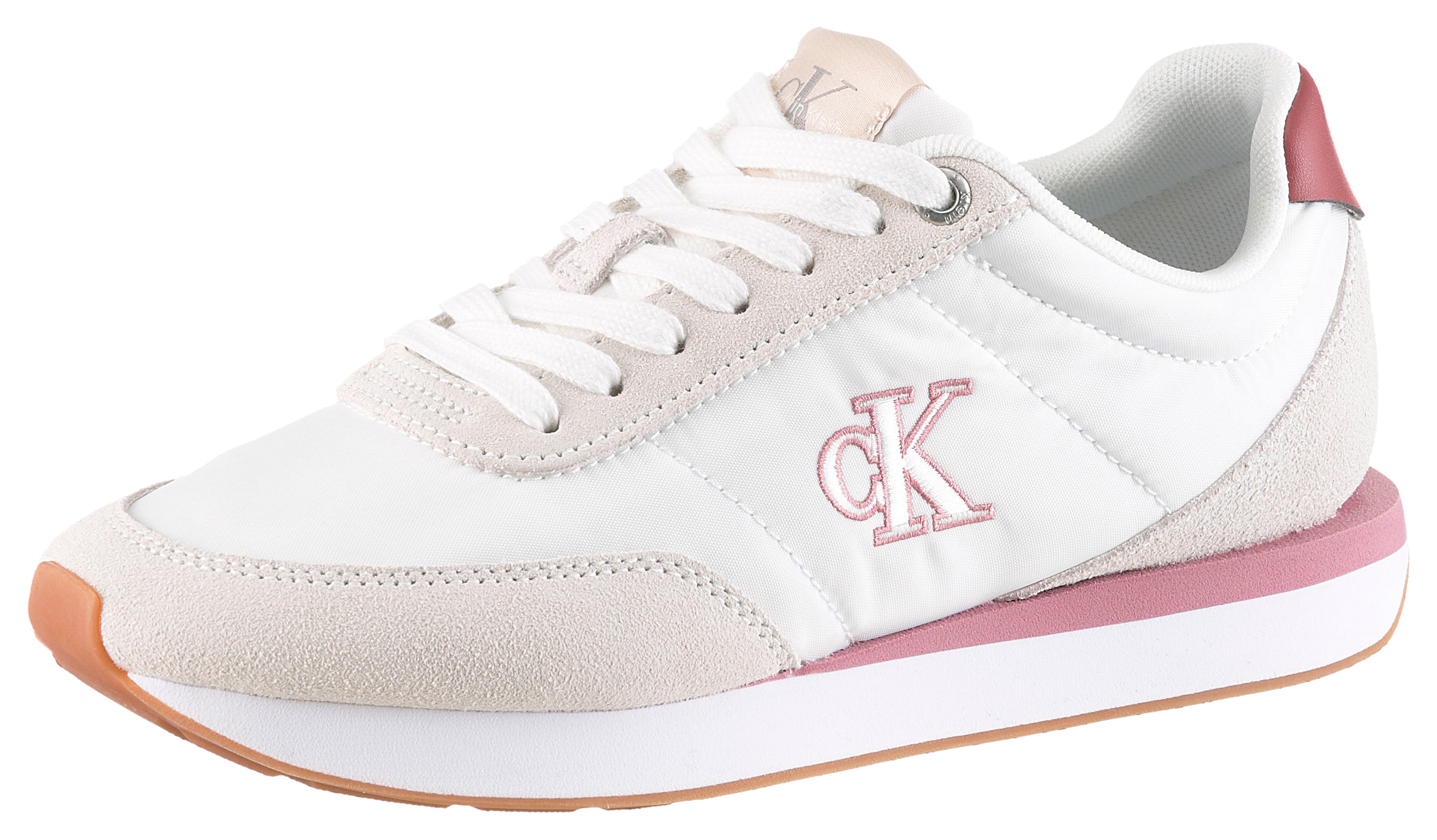 Keilsneaker CALVIN KLEIN "RETRO RUNNER ESS MIX MAT", Damen, Gr. 39, weiß, rose, Textil, Veloursleder, kontrastfarbene Details, Schuhe, Schnürschuh, Halbschuh, Freizeitschuh mit leichter Laufsohle