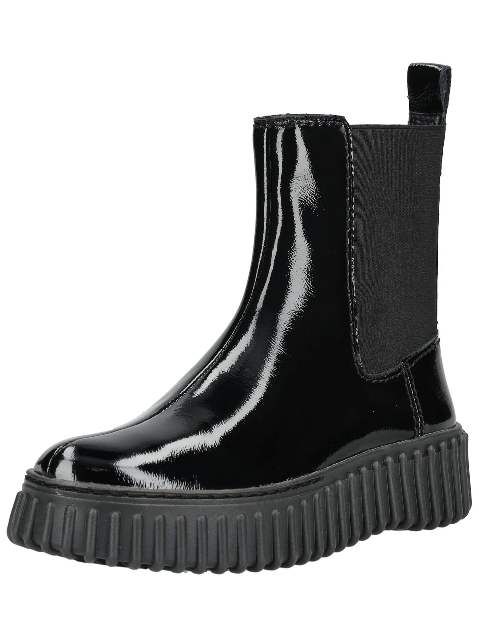 Plateaustiefelette CLARKS "Clarks Stiefelette Leder/Textil", Damen, Gr. 39,5, schwarz lack, Leder, Textil, Schuhe