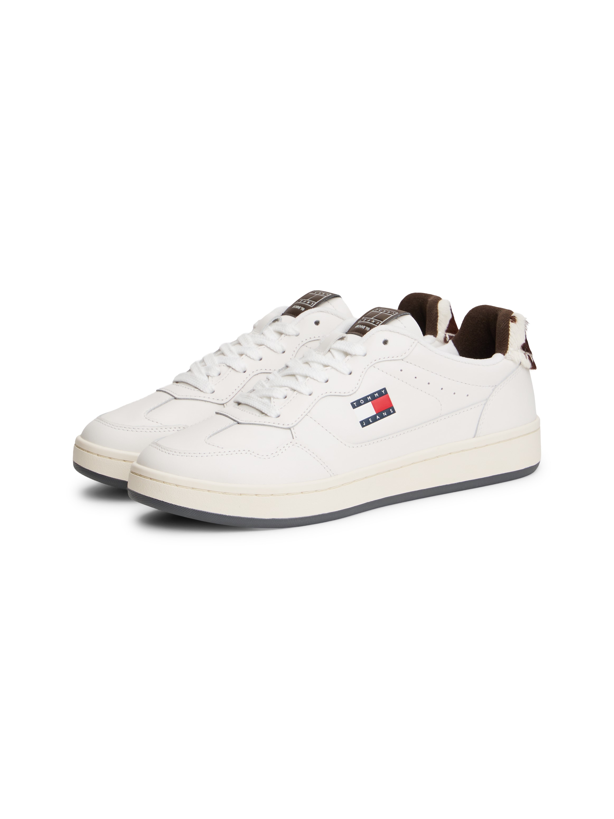 Plateausneaker TOMMY JEANS "ARCHIVE '98 CALF HAIR TAB", Damen, Gr. 36, weiß, braun, Leder, Lederimitat, Schuhe Plateausneaker