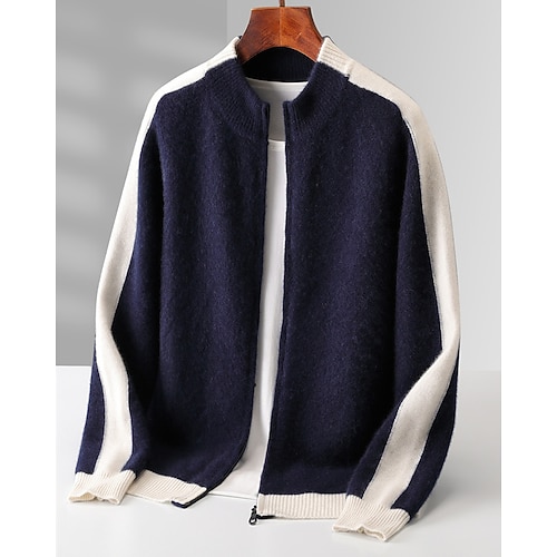 Hochwertiger Herren-Cardigan aus reiner Wolle und Kaschmir, farblich abgesetzt, klassisch gestrickt, mit Reißverschluss, weich, warm und atmungsaktiv. Image