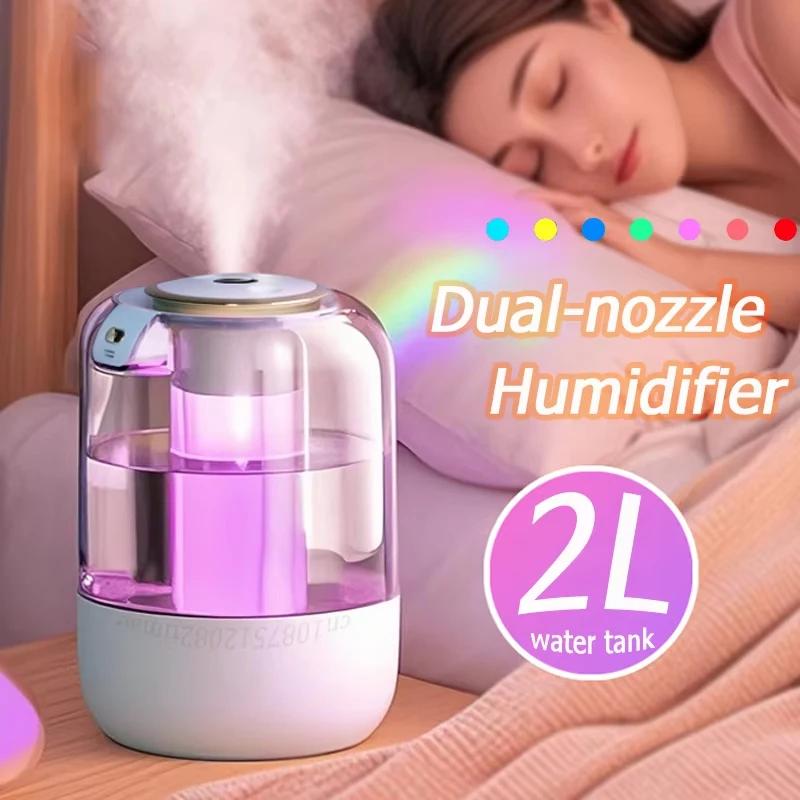 Luftbefeuchter mit zwei Düsen, 2 l, großes Fassungsvermögen, buntes RGB-Stimmungslicht, 3 Nebelmodi, Typ-C-Aufladung, für Zuhause, Schlafzimmer, Büro Image