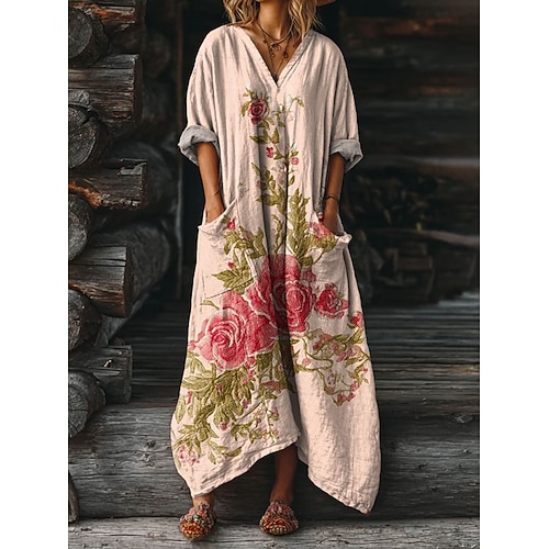 Damen Midi Kleid Boho Maxi Kleid A-Linie Kleid Urlaub Lässig Lockerer Schnitt Grafisch Geometrisch Abstrakt Langarm V-Ausschnitt Blau Lila Grün Beige Frühling Herbst Image