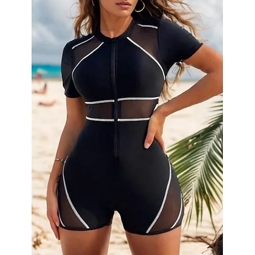 Frauen Einteiler Badeanzug einteiliger Badeanzug mit Shorts Reißverschluss vorne Monokini Shorts Bauch Kontrolle Hohe Taille Slim Rückenfrei Urlaub Strandbekleidung Einfarbig Rundhals Kurzärmel Image